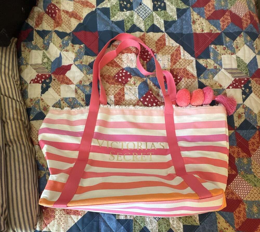 Victoria's Secret Striped Canvas Beach Tote Bag with Pom Poms and Tassel